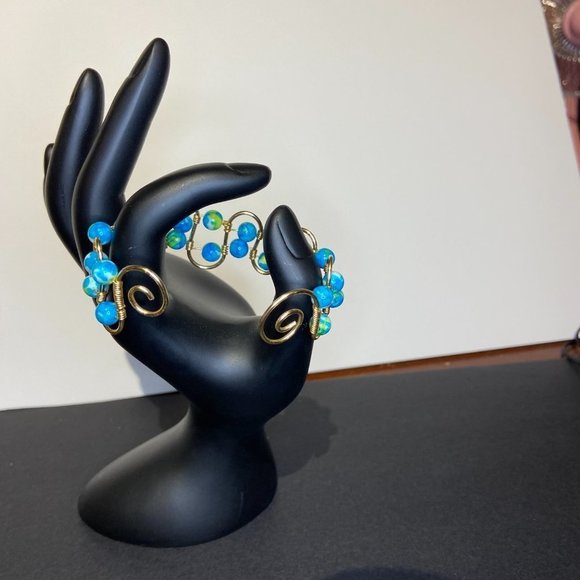 Gold Tone Wire Bracelet with Synthetic Jade Ocean Dyed Beads - Picture 9 of 9